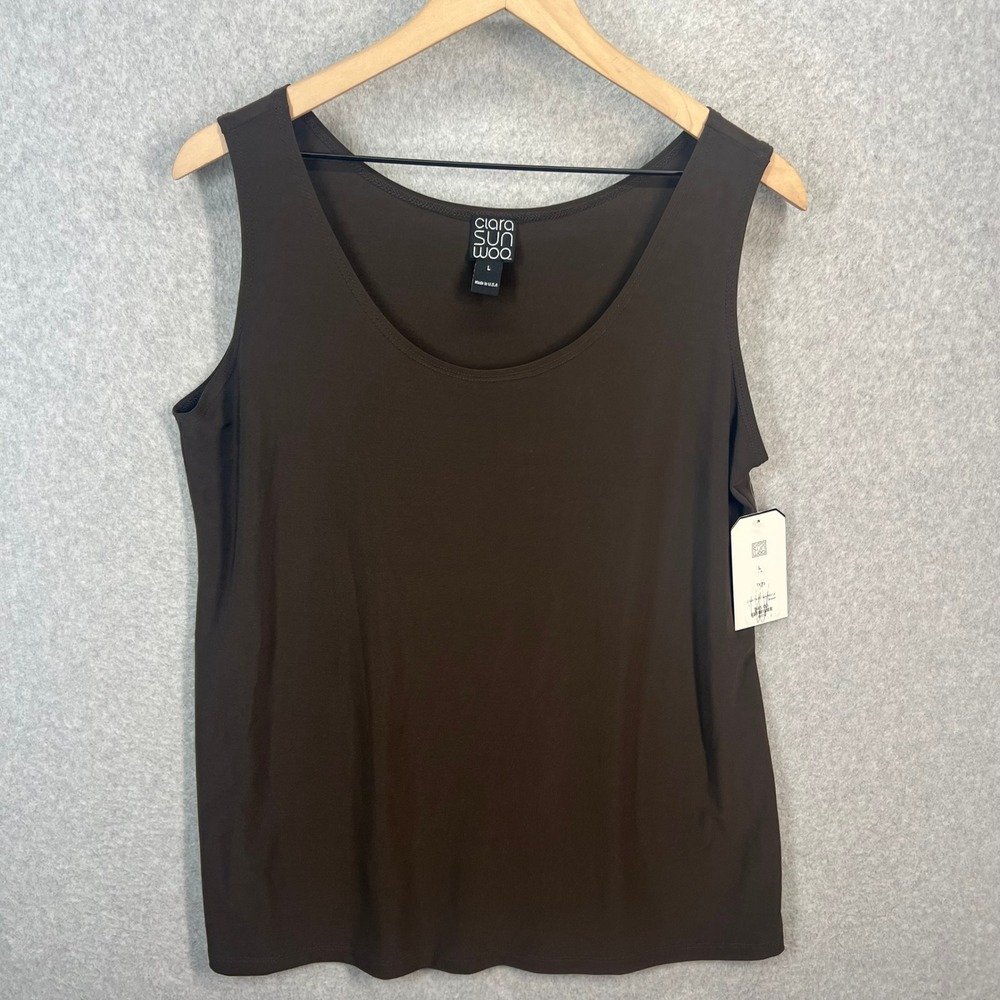 Clara Sun Woo Brown Scoop Neck Tank Top TK73 Sleeveless Knit Made US Large NWT